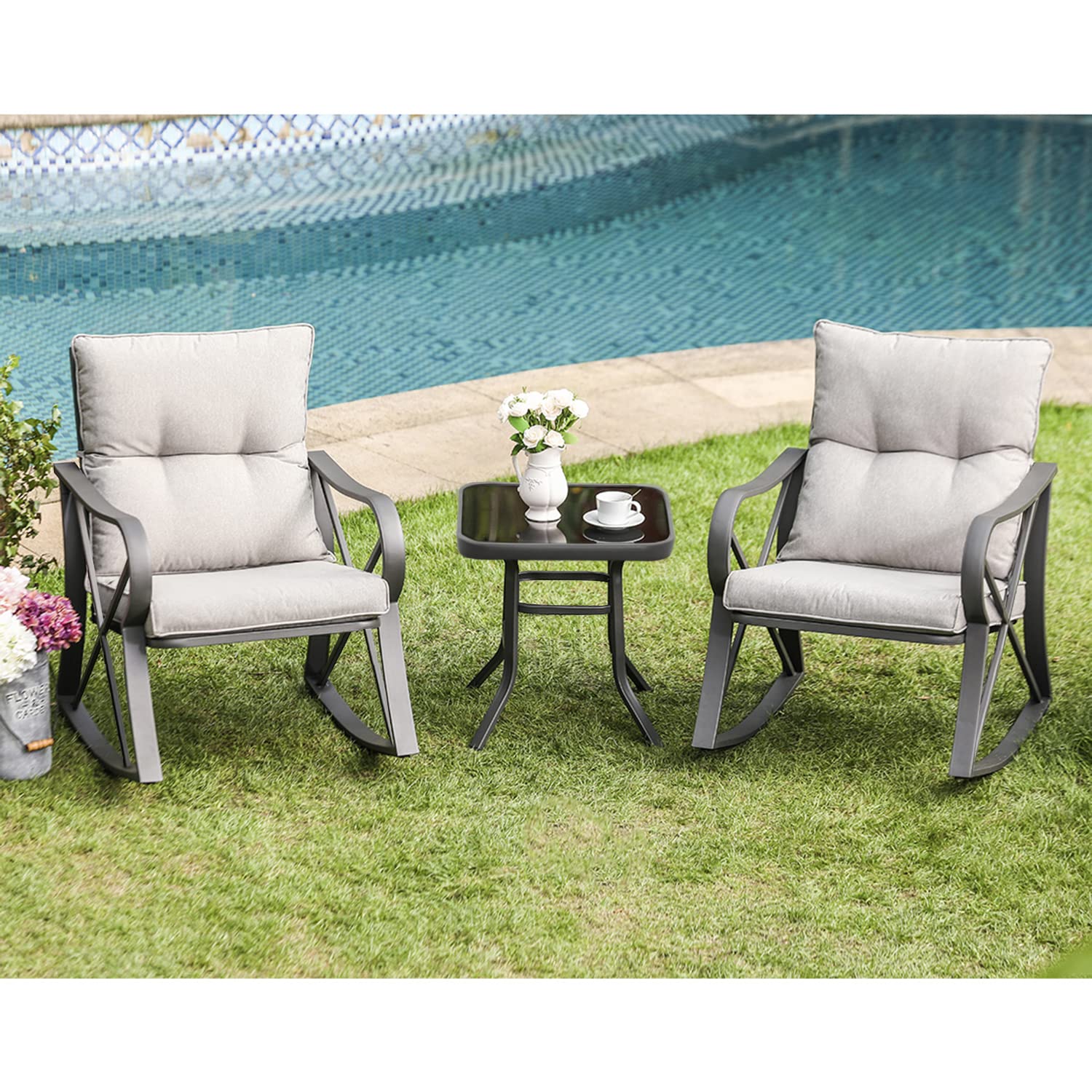 3 Piece Bistro Set Patio Rocking Chairs Outdoor Furniture w Warm Gray Cushions