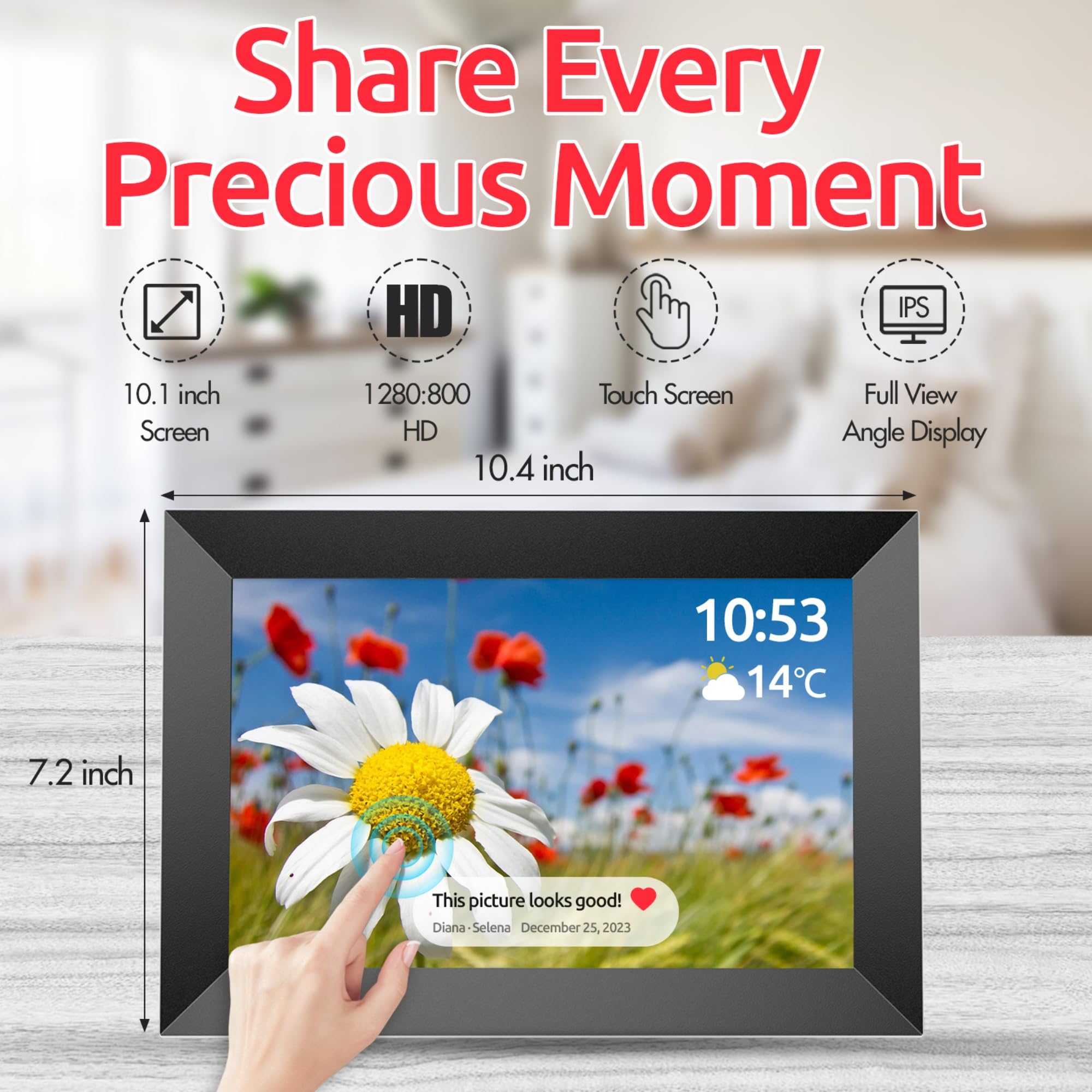 FRAMEO 10.1 inch Digital Photo Frame, 32GB WiFi Digital Frame, 1280x800 IPS LCD Touch Screen, Auto-Rotate, Wall Mounted, Easy Setup, Share Photos & Videos Instantly via Frameo App - Great Gift