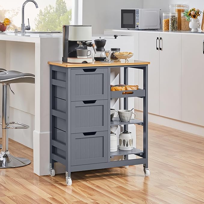 Kitchen Island Cart on Wheels with Bamboo Countertop