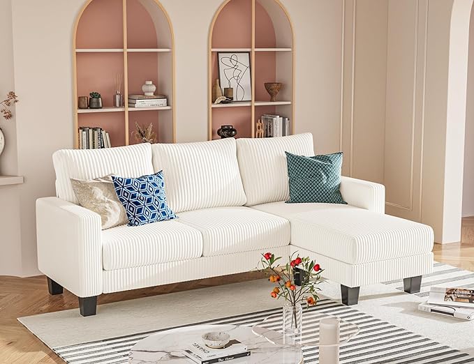 Sofa for Living Room, Couch with Convertible Chaise, 3 Seat L-Shaped Sofas