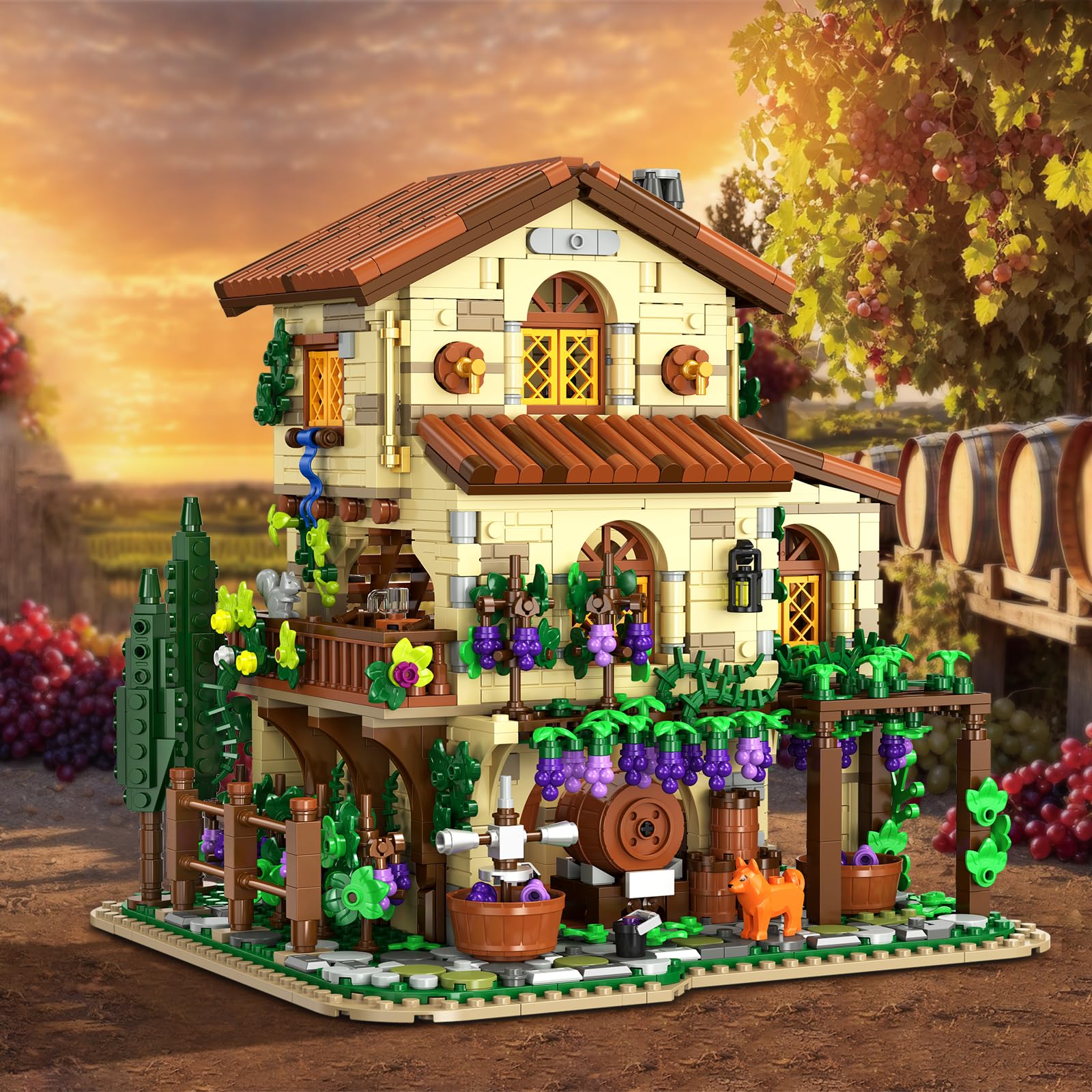 Winery Chateau House Building Set with Lights, Vineyard Castle Construction Model Home