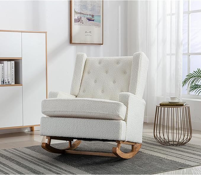 Rocking Chair Nursery, Glider Chair with High Back and Side Pocket, Solid Wood