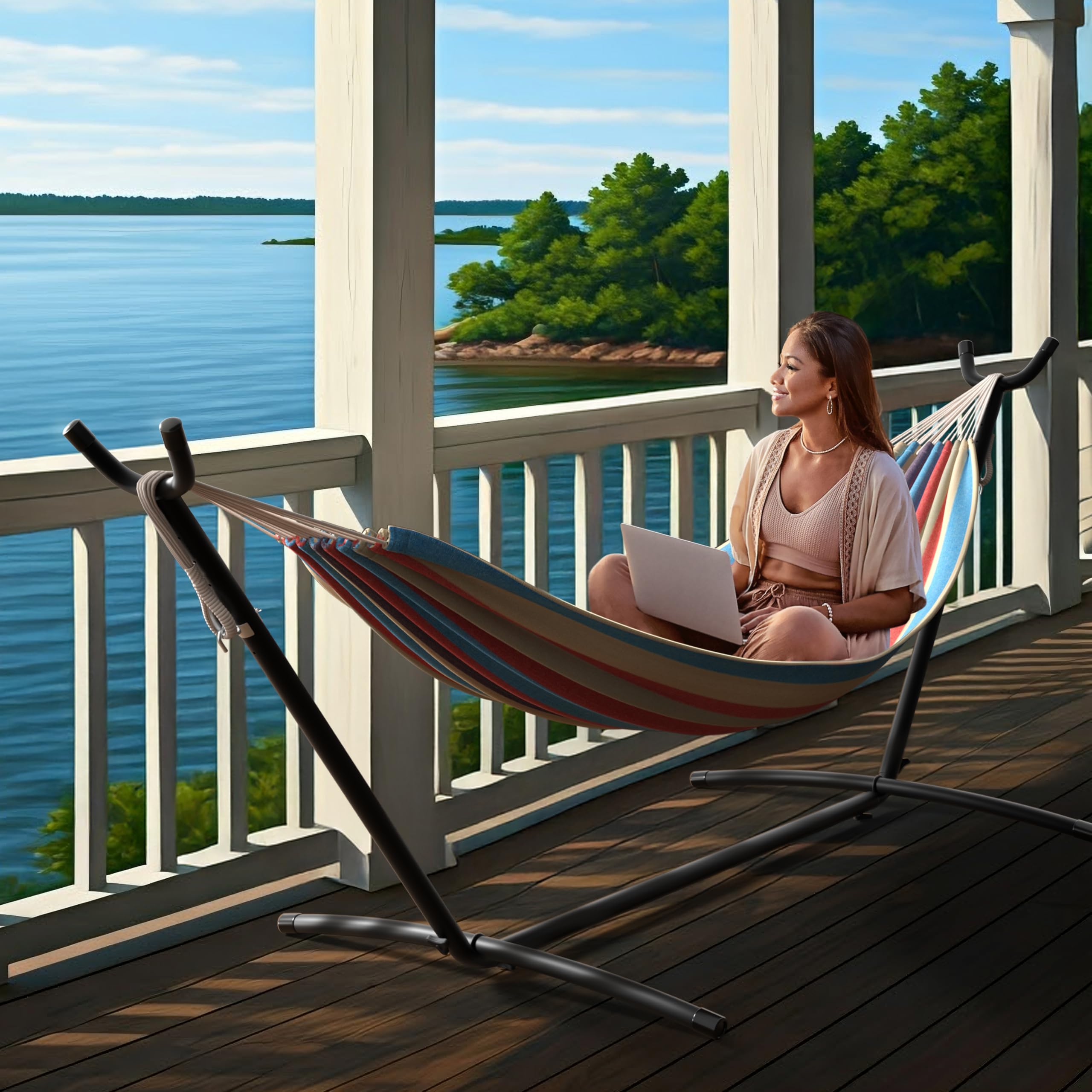 2-Person Luxury Hammock with Steel Stand- Premium Cotton Blend 60" Large