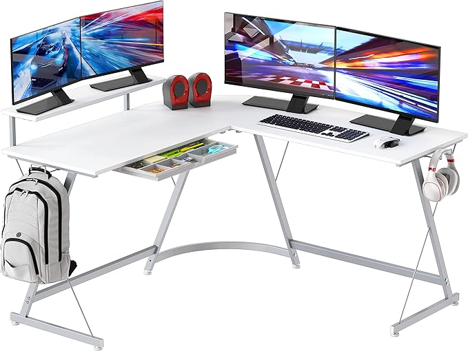 51 x 51 Inches Vista L-Shaped Desk with Monitor Stand and Drawer, Black