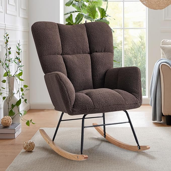 Rocking Chair Nursery, High Backrest Teddy Glider Rocker Upholstered Rocker Recliner