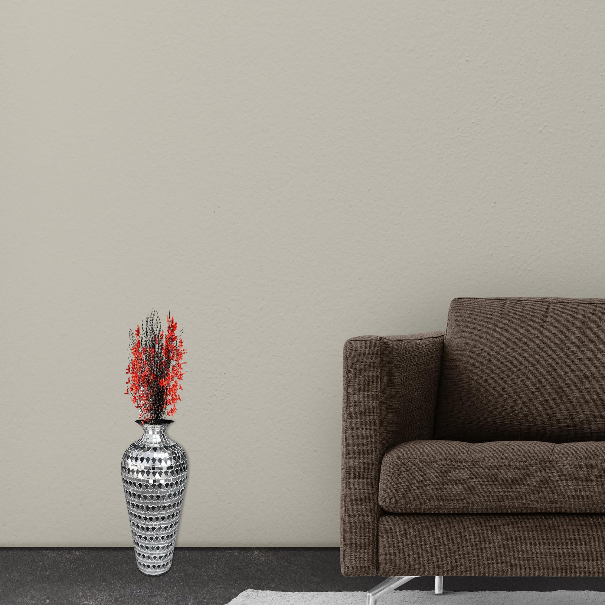 20 Inch Floor Vase, Mosaic Vase, Decorative Tall Vase, Accent Vase for Home Decor Geometric Pattern Designer Metal Vase with Glass Mosaic- Elegant Silver & Black Tessellation Pattern