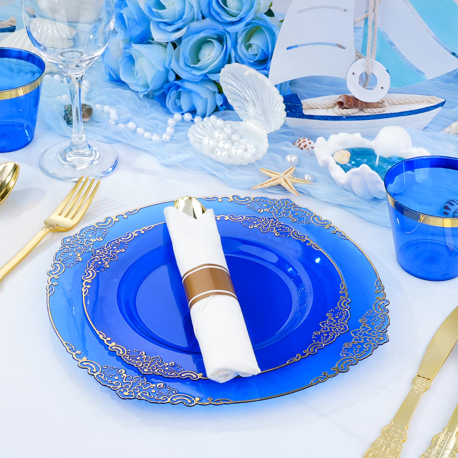 350 PCS Blue and Gold Plastic Plates, Disposable Dinnerware Set for 50 Guests