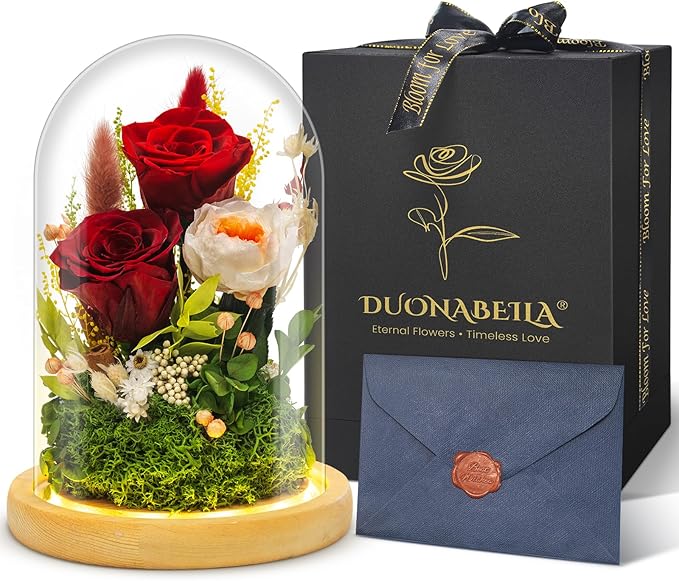 Preserved Flowers Gifts for Women Eternal Rose In Glass Dome Light Up Flower Real