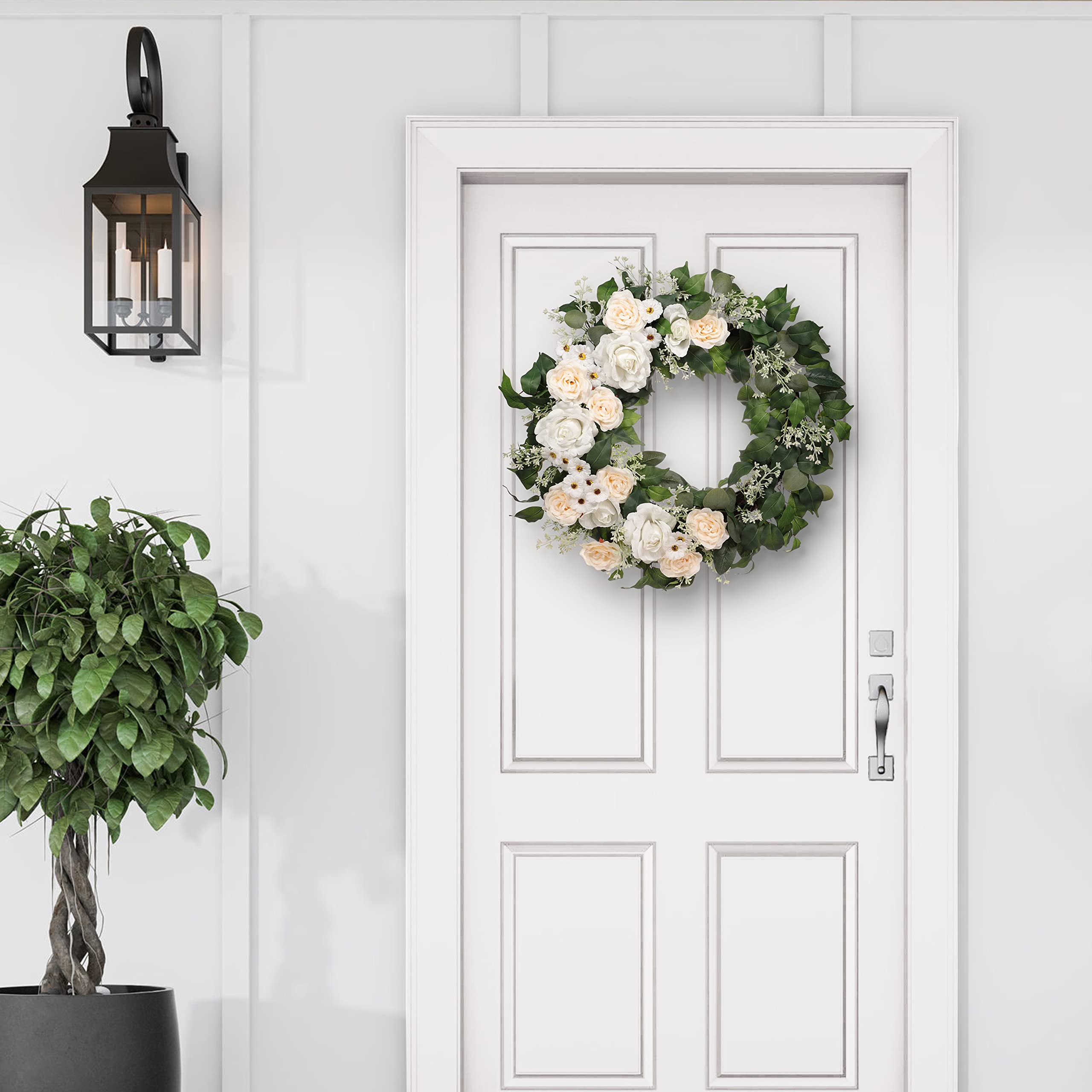 30" Artificial Rose,Camellia,babysbreath Floral Spring Wreath with Green Leaves