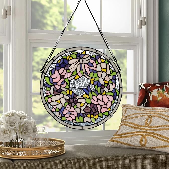 Tiffany Style Stained Glass Window Hanging Panel 12 Inch Round Handmade Blue Flower
