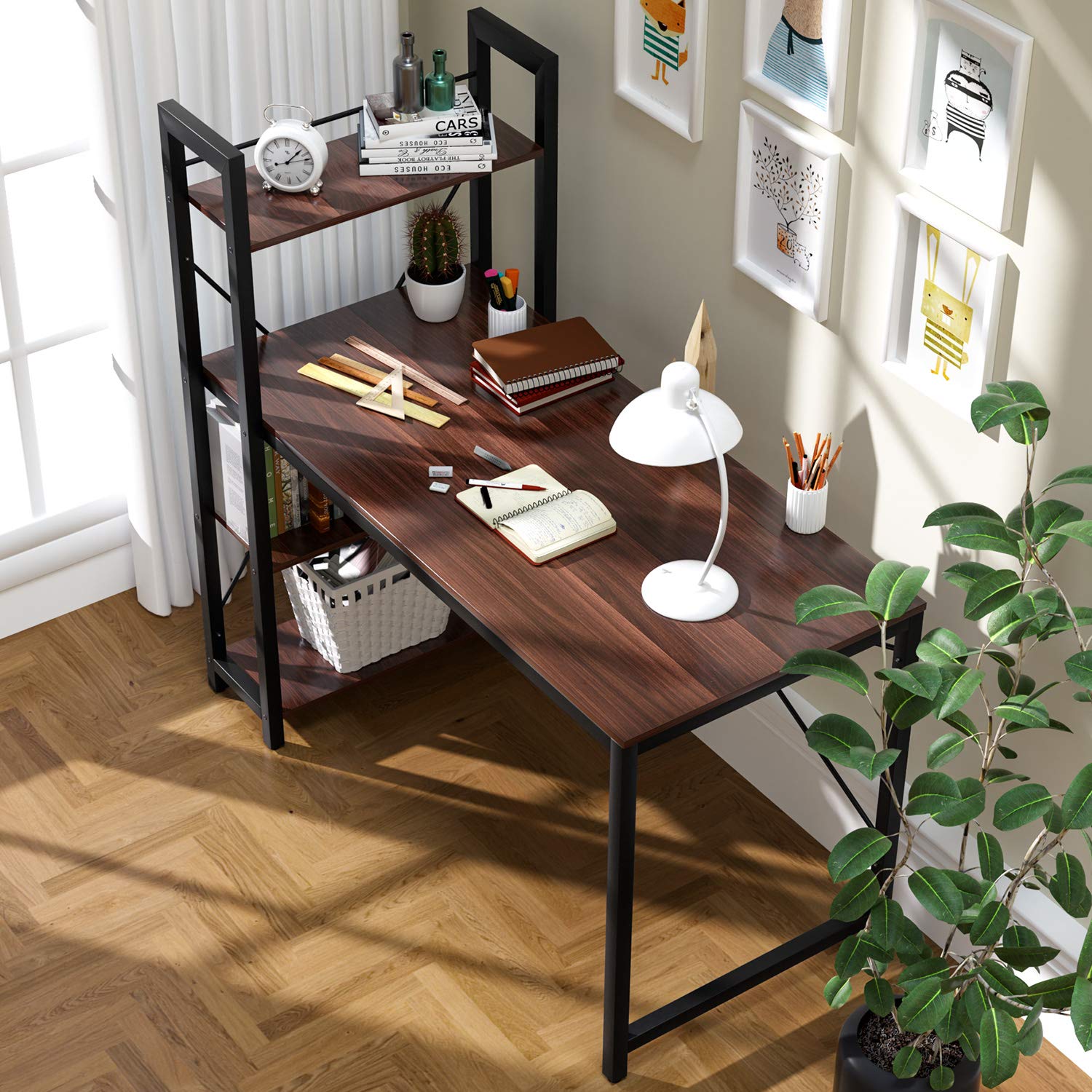 Computer Desk with Shelves, Modern Office Desk with 4-Tier Shelf