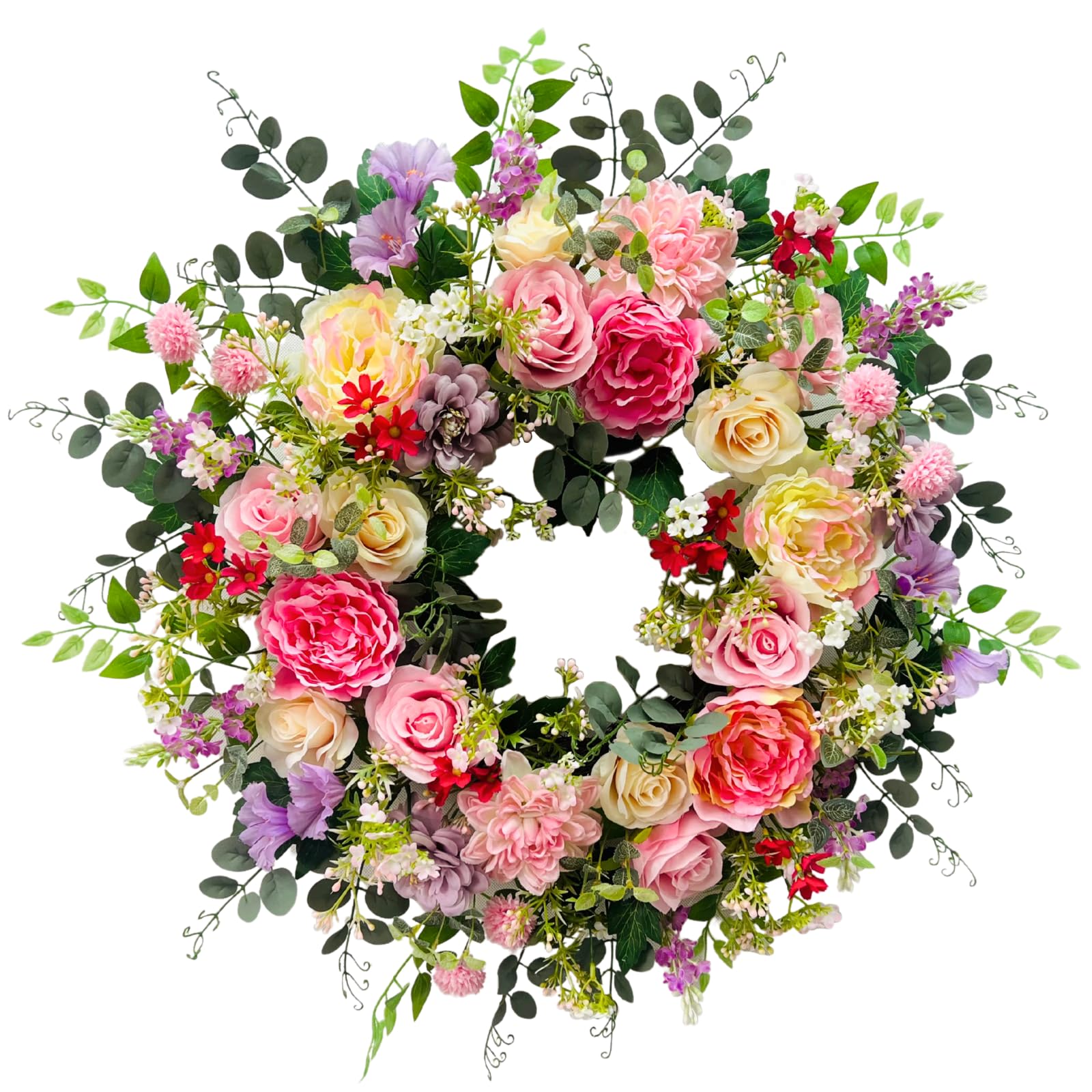24 Inch Spring Summer Wreath for Front Door Outside Artificial Peonies Rose Flowers