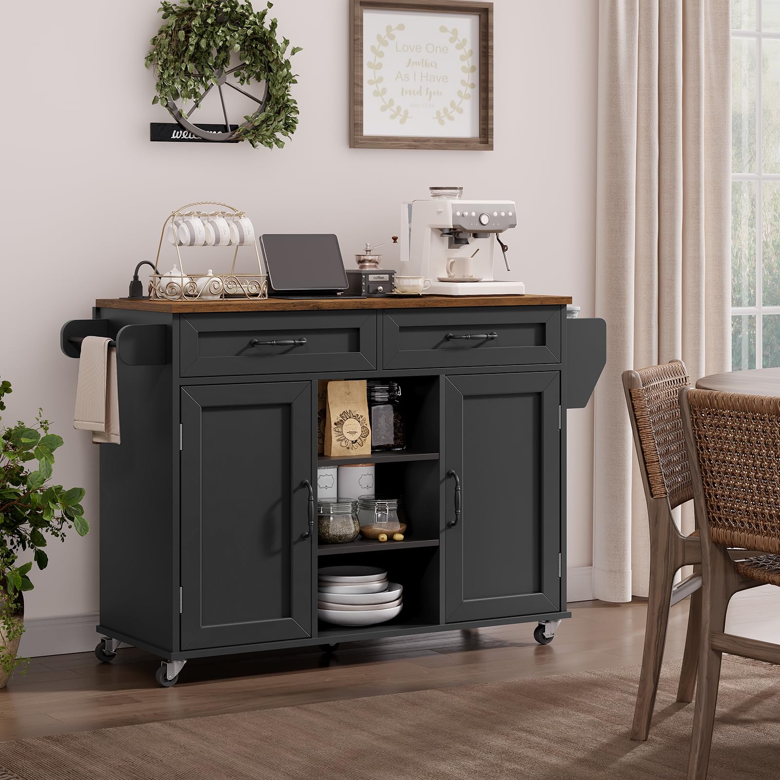 Kitchen Island with Power Outlets & Drop Leaf, Kitchen Cart with Storage
