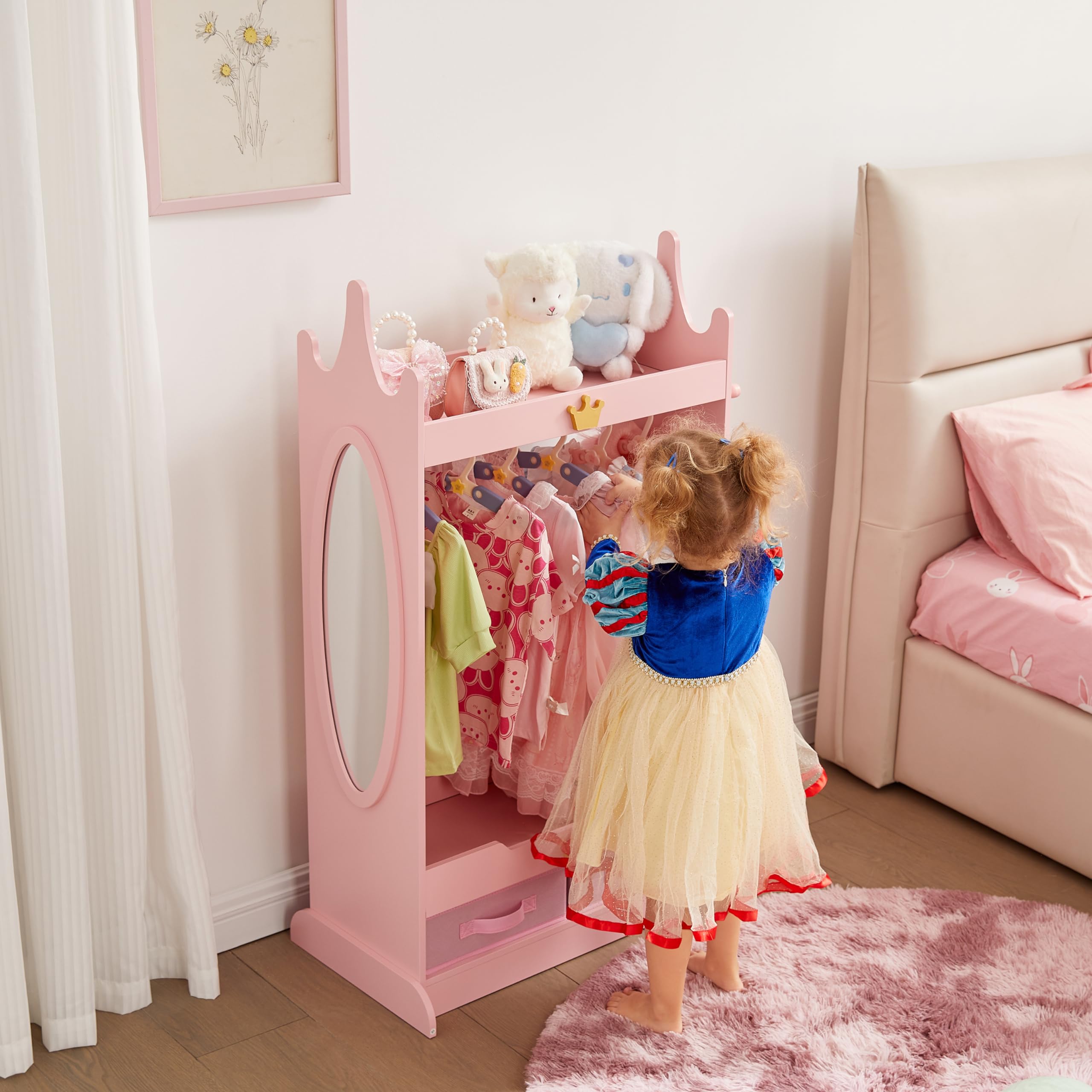 Dress Up Storage with Mirror, Kids Armoire with Non-Woven Drawers, Open