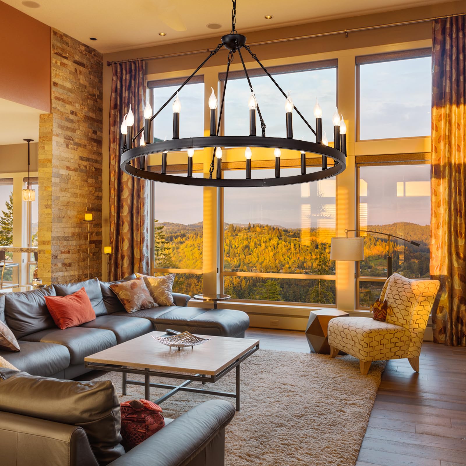 Black Wagon Wheel Chandelier 40 inch,20-Light Farmhouse Wagon Wheel