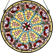 W10017 Victorian Tiffany Style Stained Glass Window Panel 22 inches Wide Round