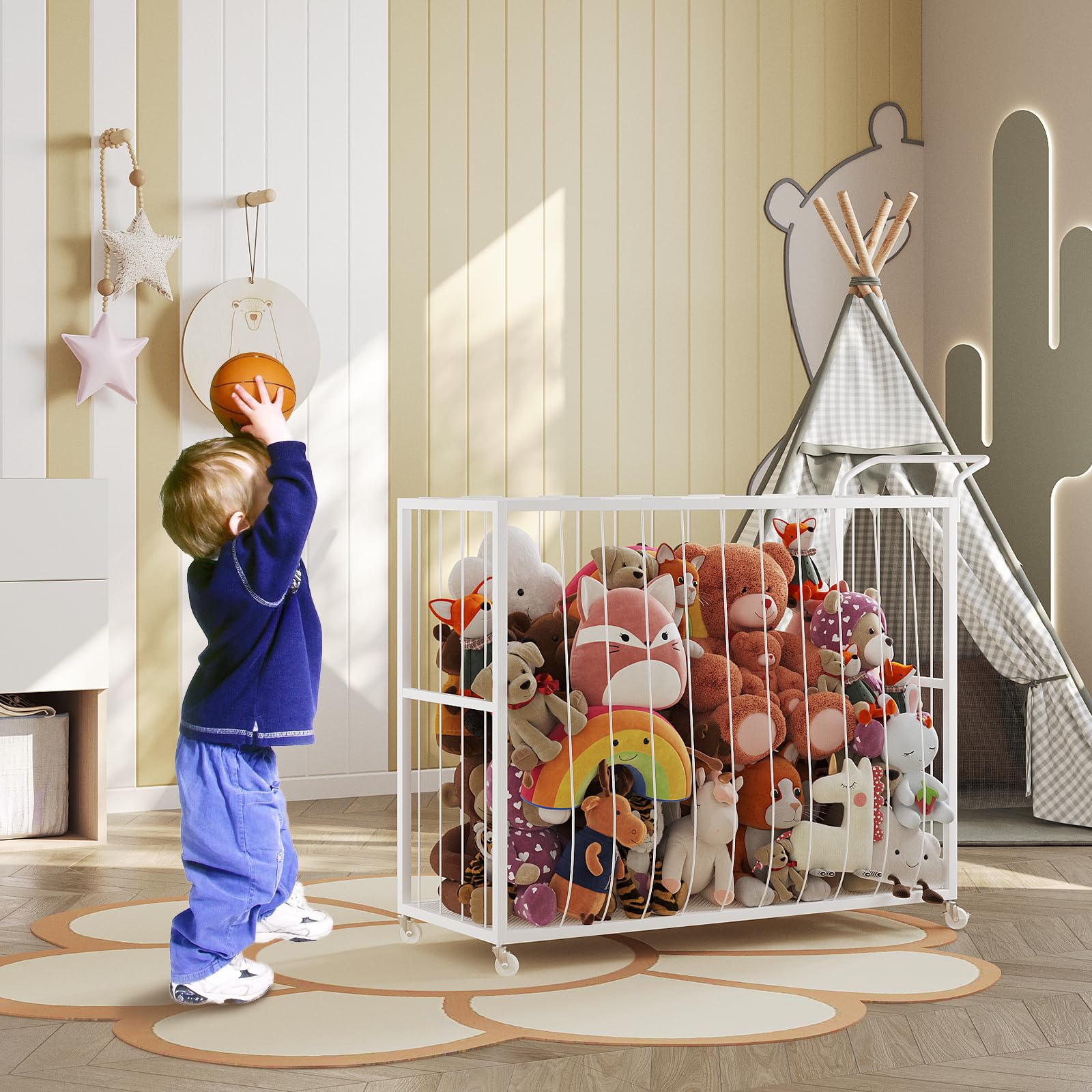 Stuffed Animal Storage Tower Rolling Cart - Zoo Cage Organizer for Kids