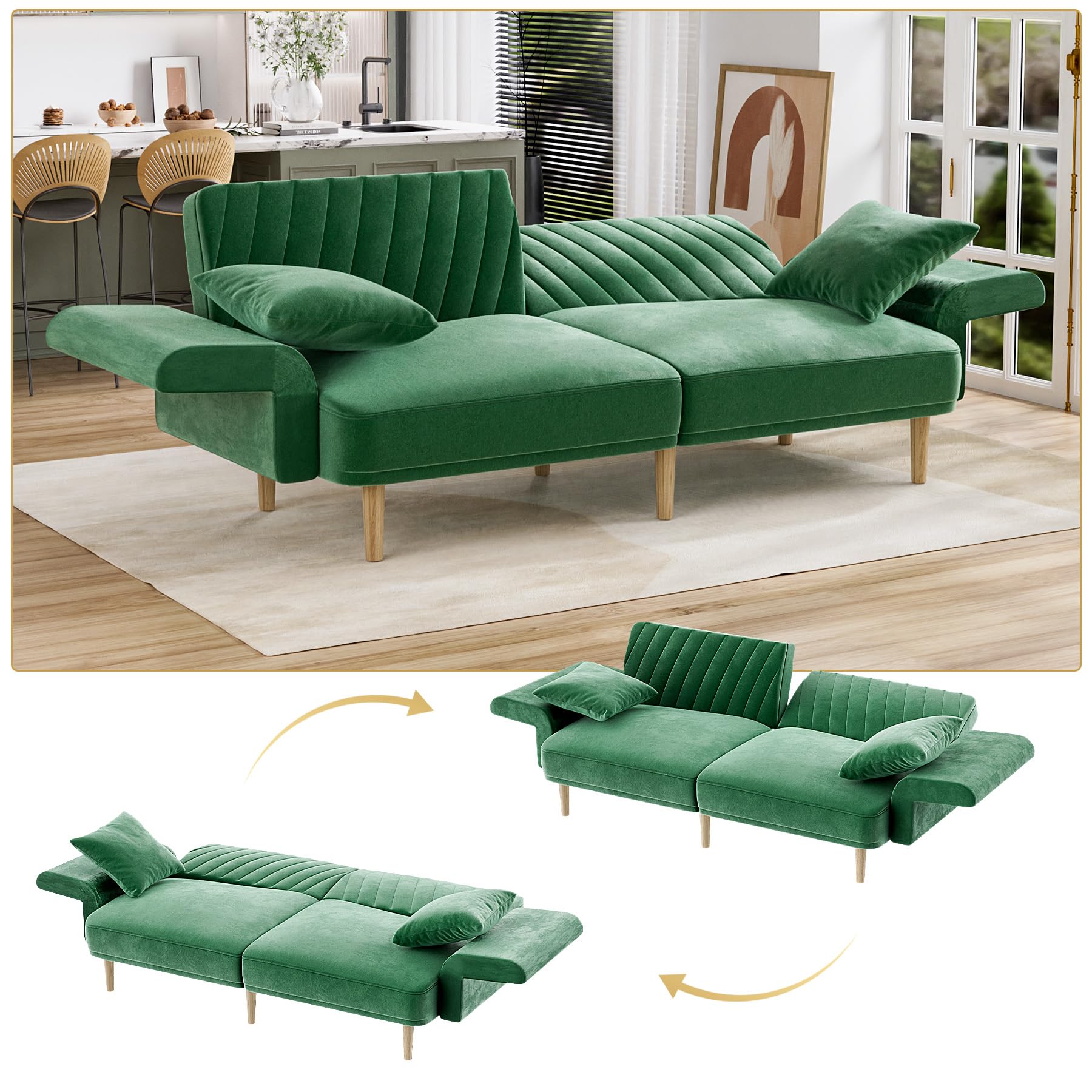Velvet Futon Sofa Bed, 75.3" Couch Small Sofa