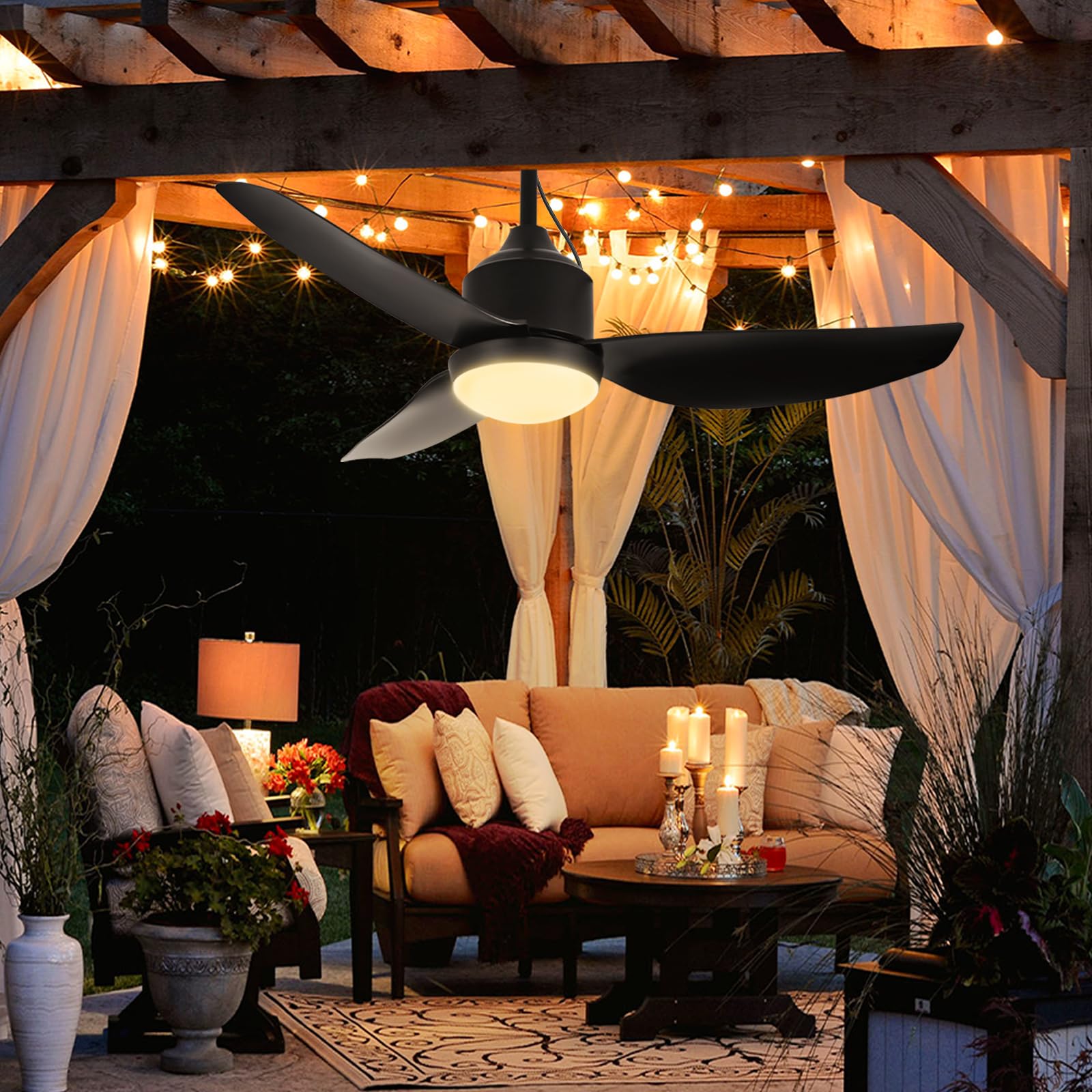 Outdoor Ceiling Fan with Light: 42 Inch Black Waterproof Gazebo Fans