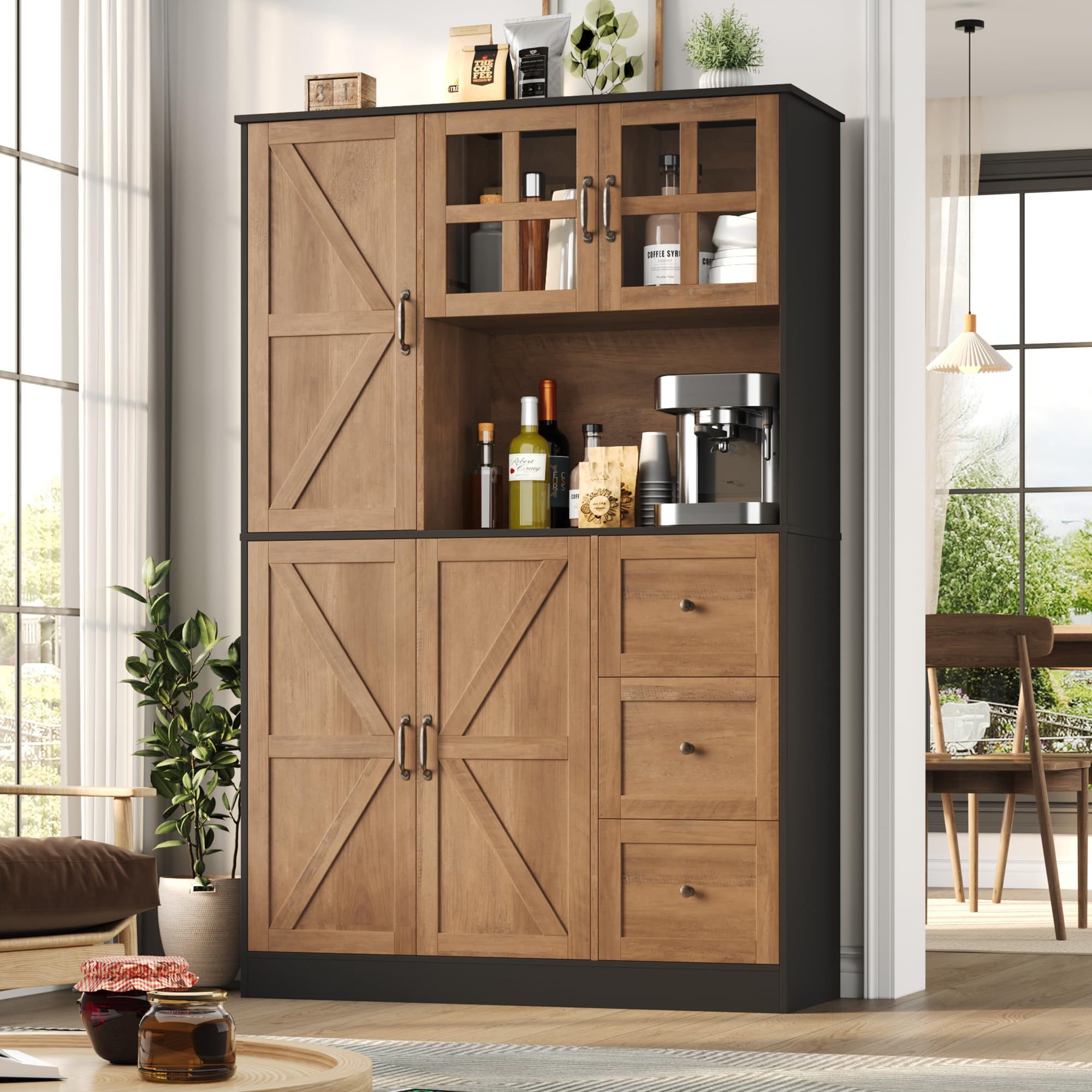Farmhouse Pantry Cabinet, Kitchen Pantry Storage Cabinet with Microwave Stand