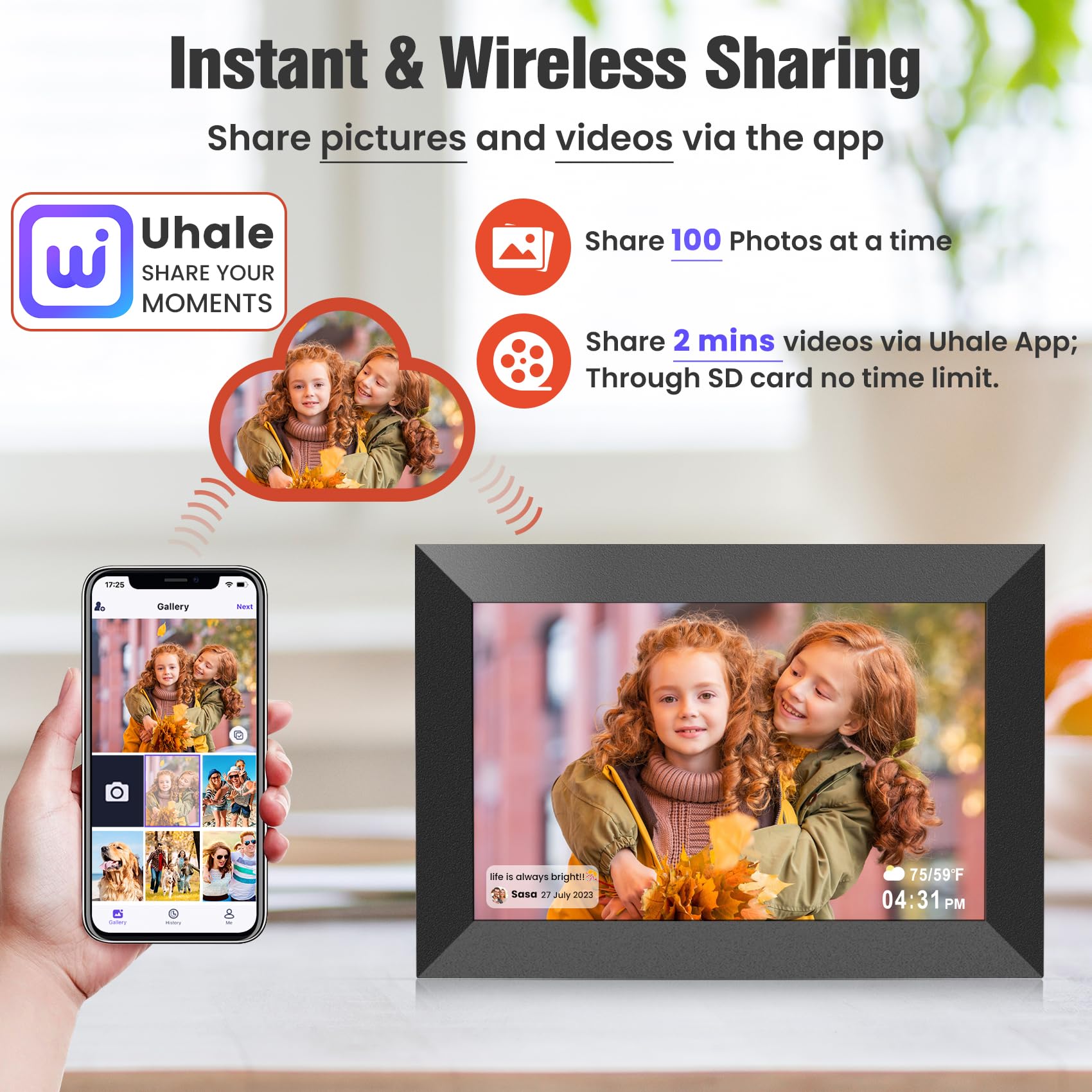 BIGASUO 10.1 Inch WiFi Digital Picture Frame, IPS HD Touch Screen Cloud Smart Photo Frames with Built-in 32GB Memory, Wall Mountable, Auto-Rotate, Share Photos Instantly from Anywhere
