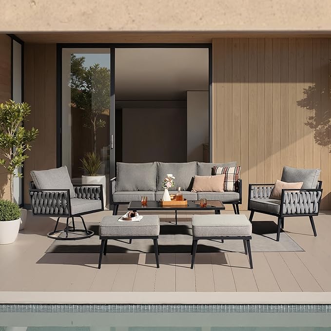 6 Pcs Patio Furniture Sets with Deep Seating, Patio Swivel Chair Thick Cushions