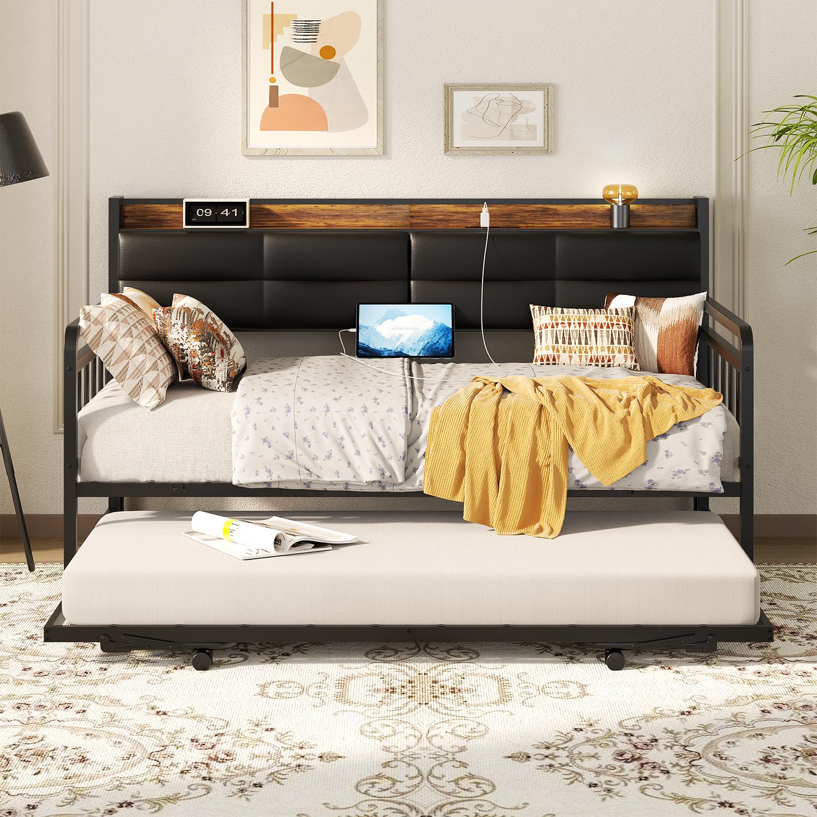 Daybed with Trundle, Twin Day Bed with Upholstered Headboard and Charging Station