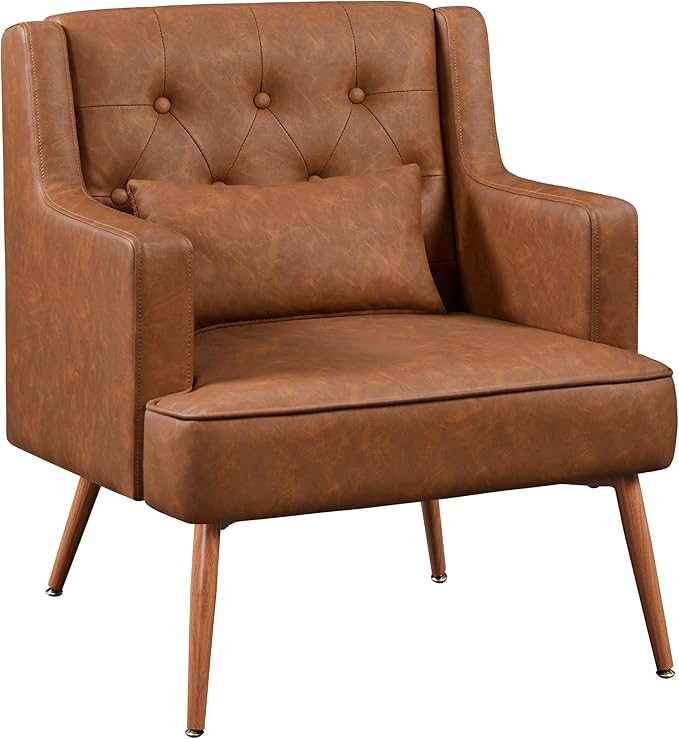Accent Chair, Living Room Chair Mid Century PU Leather Armchair Lumbar Pillow