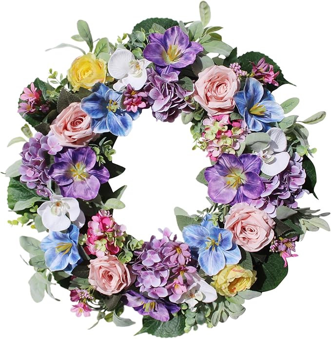 24 Inch Summer Wreaths for Front Door, Summer Wreath,Blue Hydrangea Wreath