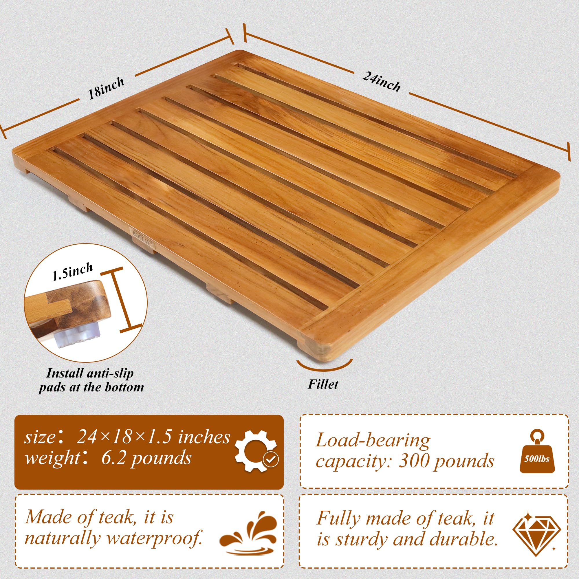 Boflay Teak Wood Bath Mat,Wooden Shower Mat, Bathtub Mat,Water-Resistant & Anti-Slip Teak Floor Mat,Easy to Clean Indoor or Outdoor,Max 300 lbs(A.Mat)