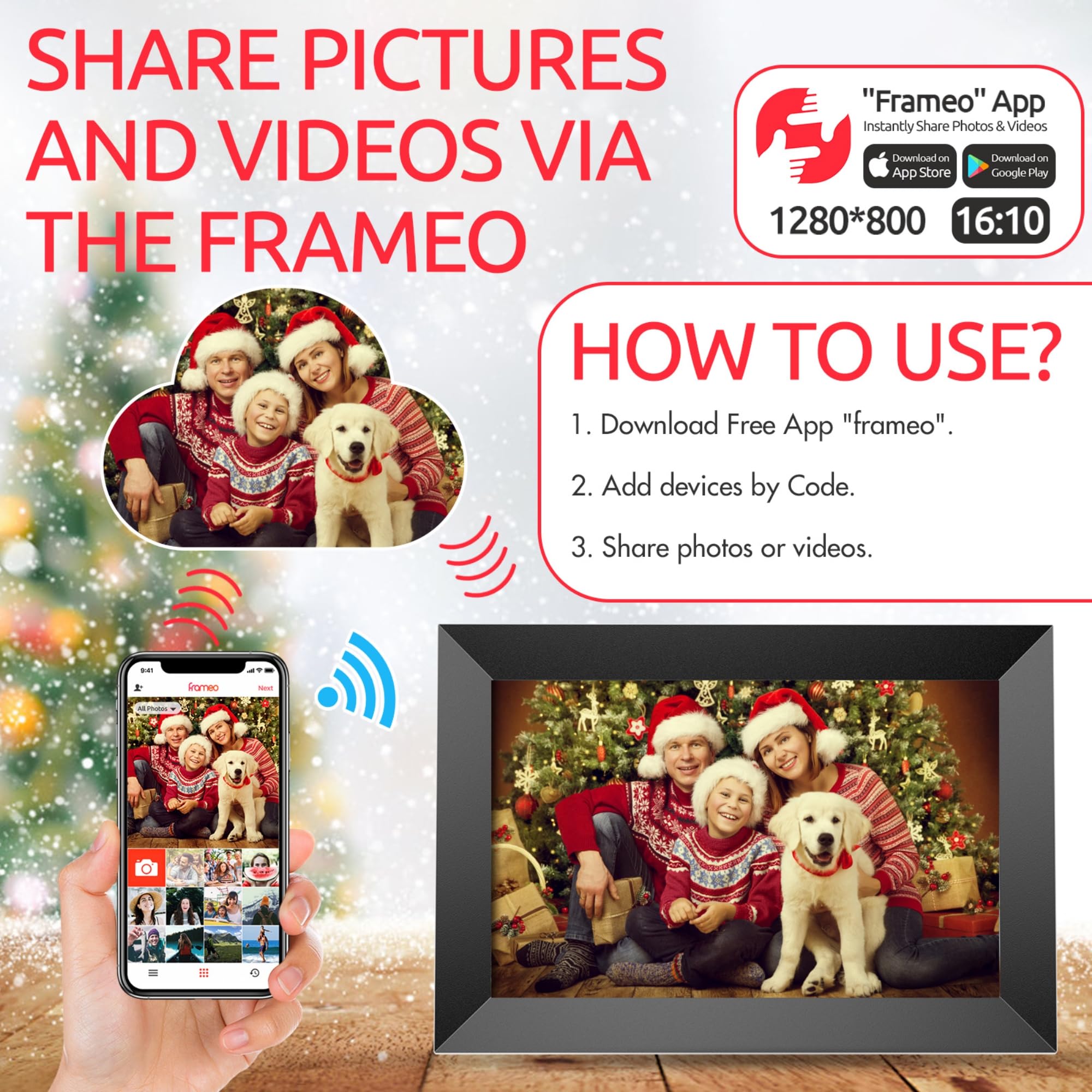 FRAMEO 10.1 inch Digital Photo Frame, 32GB WiFi Digital Frame, 1280x800 IPS LCD Touch Screen, Auto-Rotate, Wall Mounted, Easy Setup, Share Photos & Videos Instantly via Frameo App - Great Gift