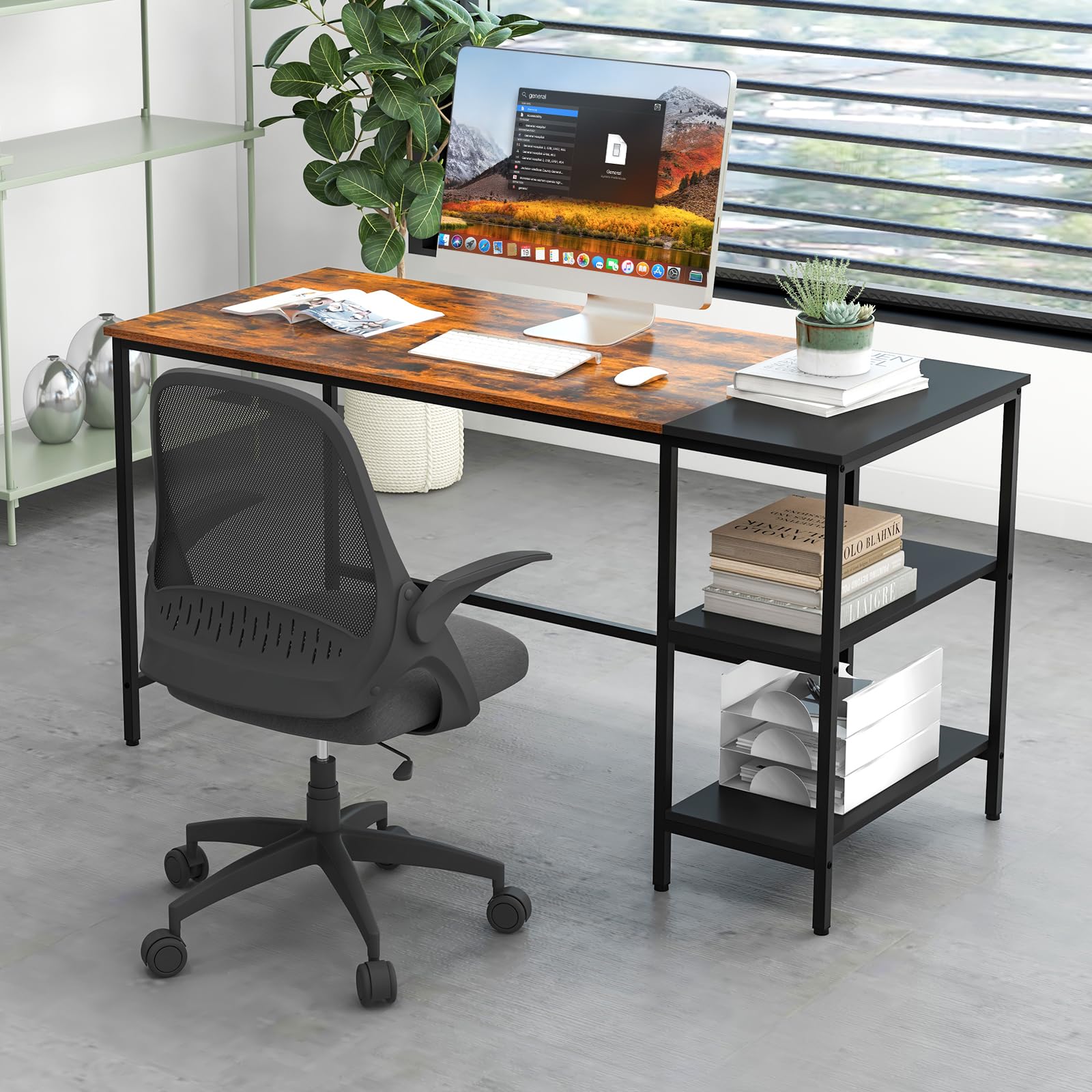55’’ Computer Desk, Large Writing Desk with Open Shelves & Steel Frame