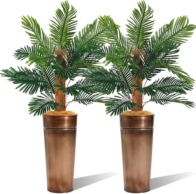 28" Tall White Planter with Faux Palm Tree – Galvanized Steel Pot with Tropical PEVA