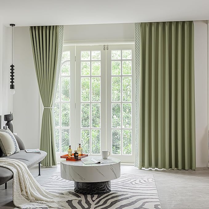 White Linen Curtain Panels with Embroidered Trim Design, Pinch Pleat Curtains