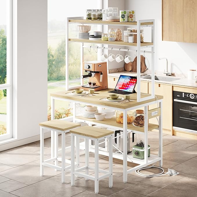Kitchen Island with Stools, Dining Table Set with Storage and Power Outlet