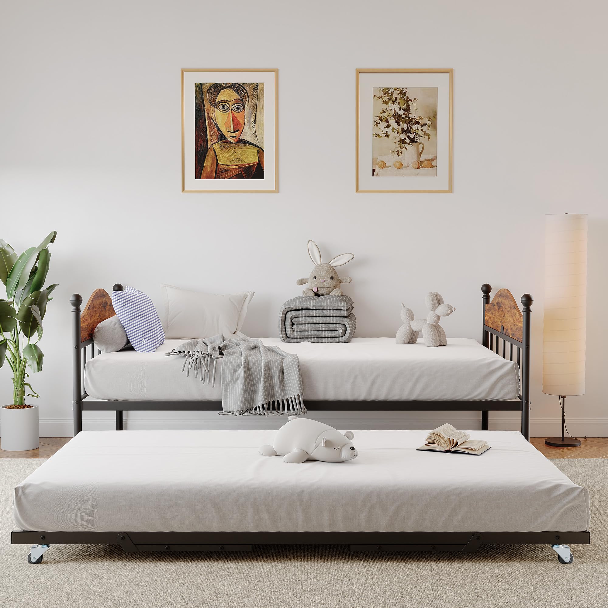 Daybed With Trundle, Metal Twin Size Day Bed With Stylish Headboard, Sofa Bed Frame