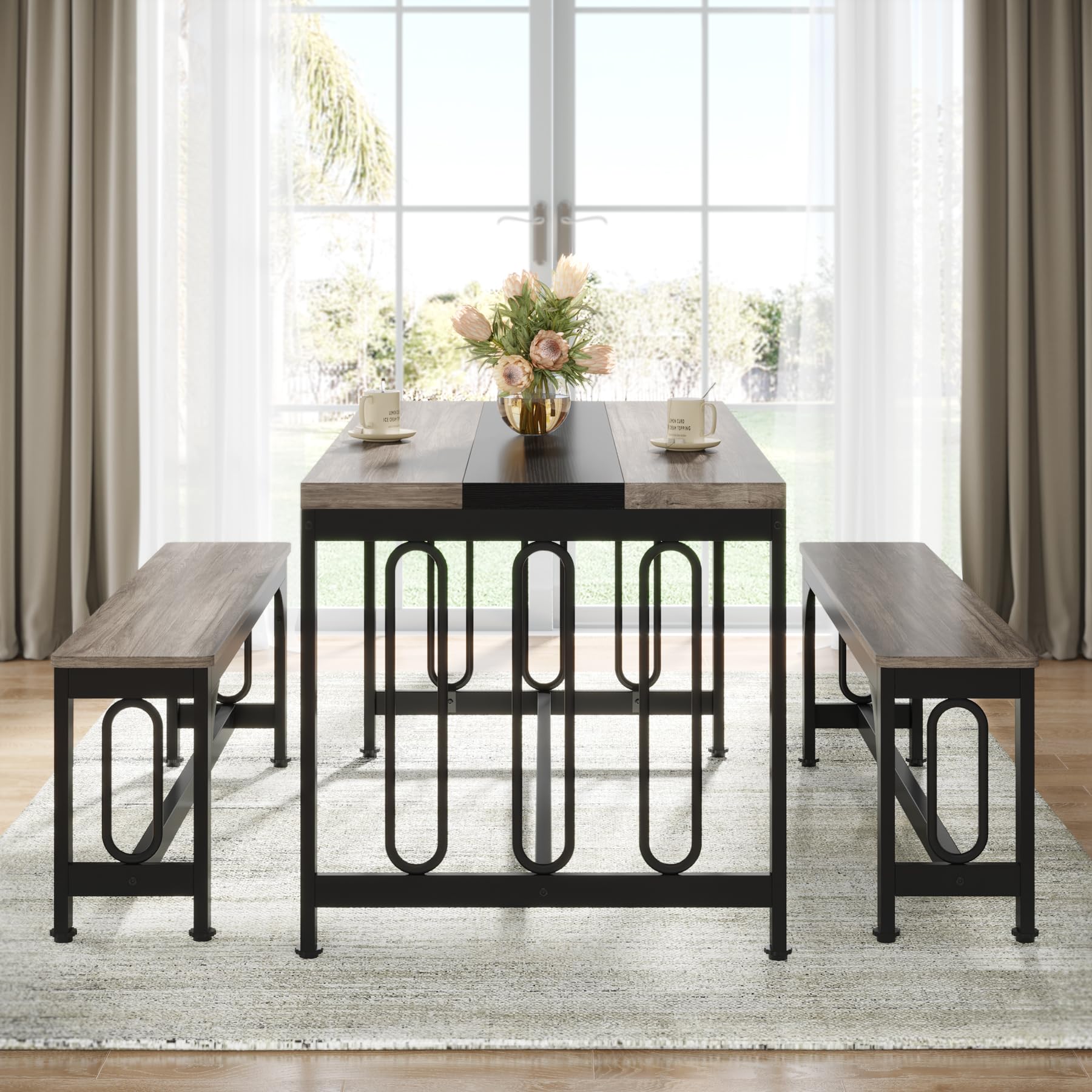 Dining Table Set for 4, Farmhouse Kitchen Table with 2 Benches