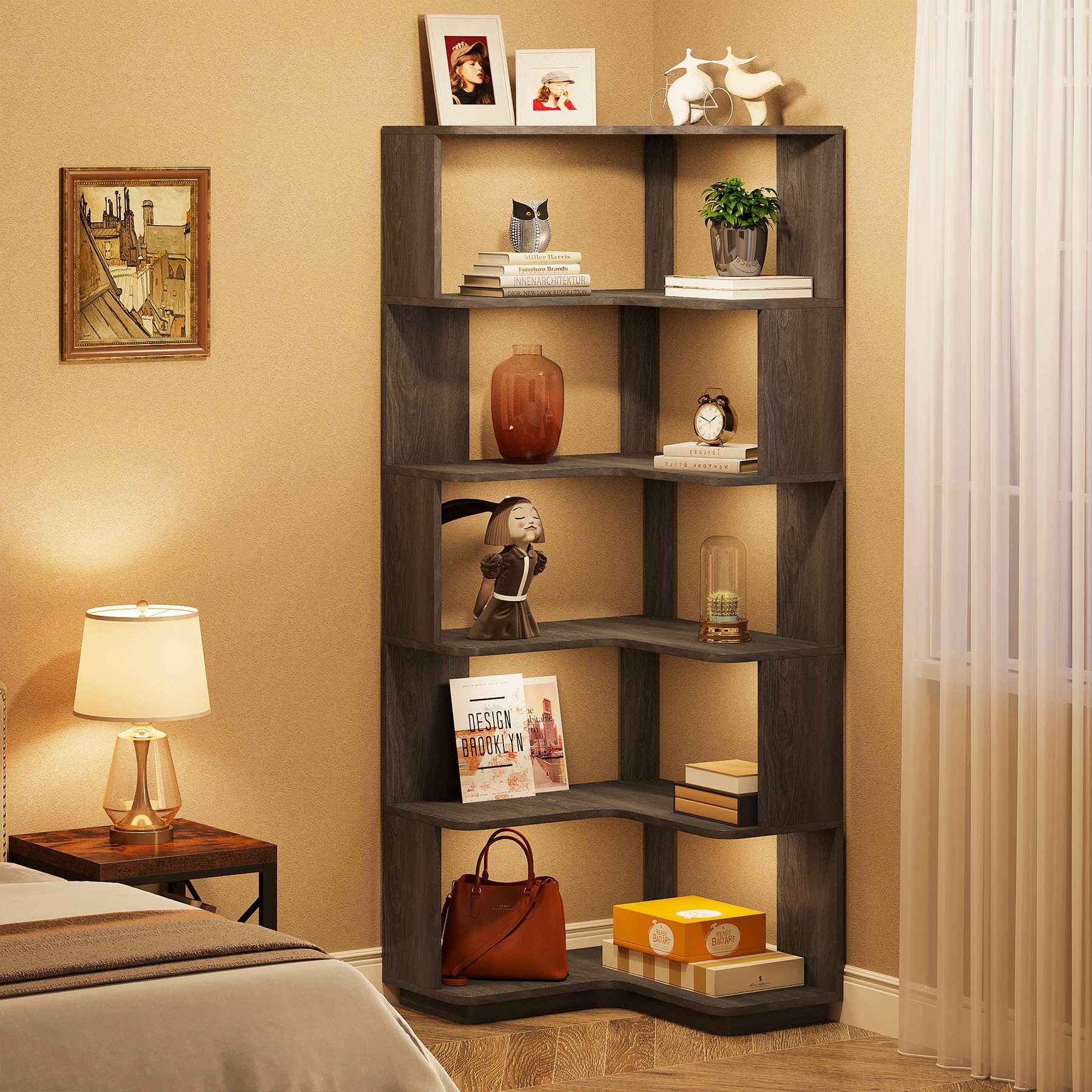 65-Inch Tall Corner Bookshelf, 6-Tier Industrial Corner Bookcase with Side Panels