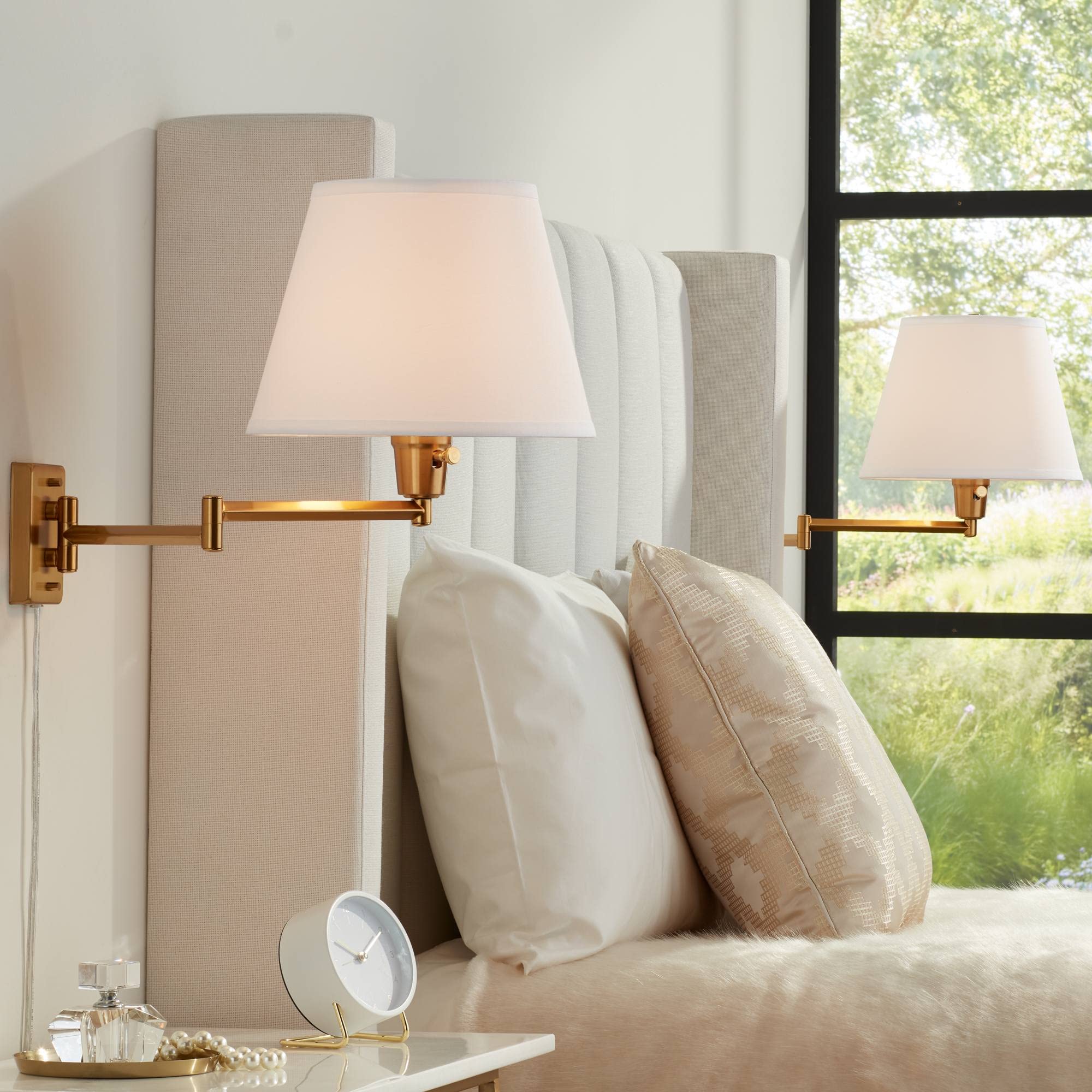 t Modern Swing Arm Wall Lamps Set of 2 Warm Gold Plug-in Light Fixture White Linen