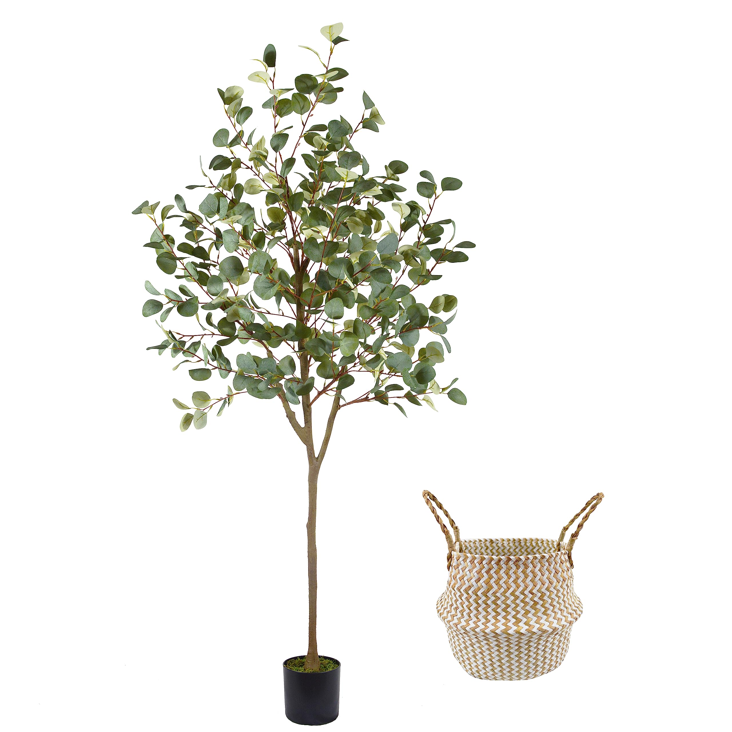 Artificial Eucalyptus Tree, 6ft Tall Fake Eucalyptus Plant with Basket, Green Silver