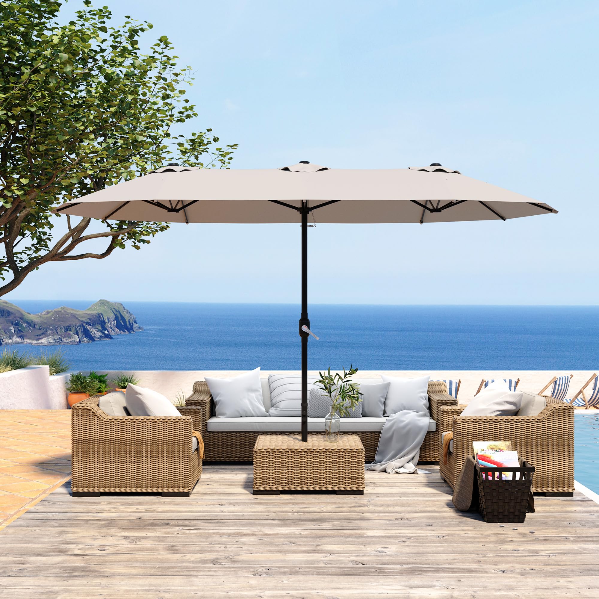 15ft Patio Umbrella with Base,Large Outdoor Double-Sided Rectangle Umbrella