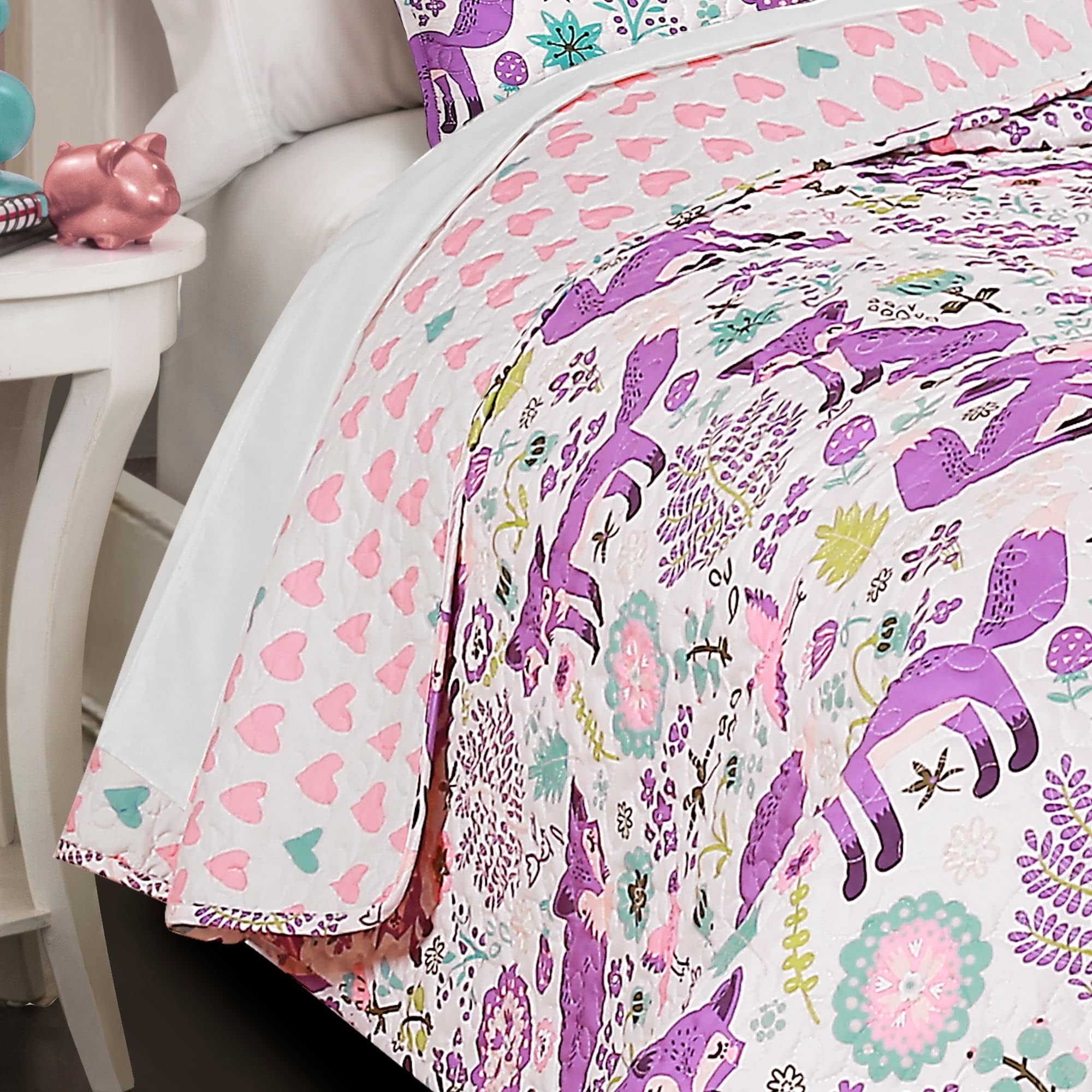 Pixie Fox Reversible Quilt Set, 4 Piece Set, Full/Queen, Navy & Pink - Fun