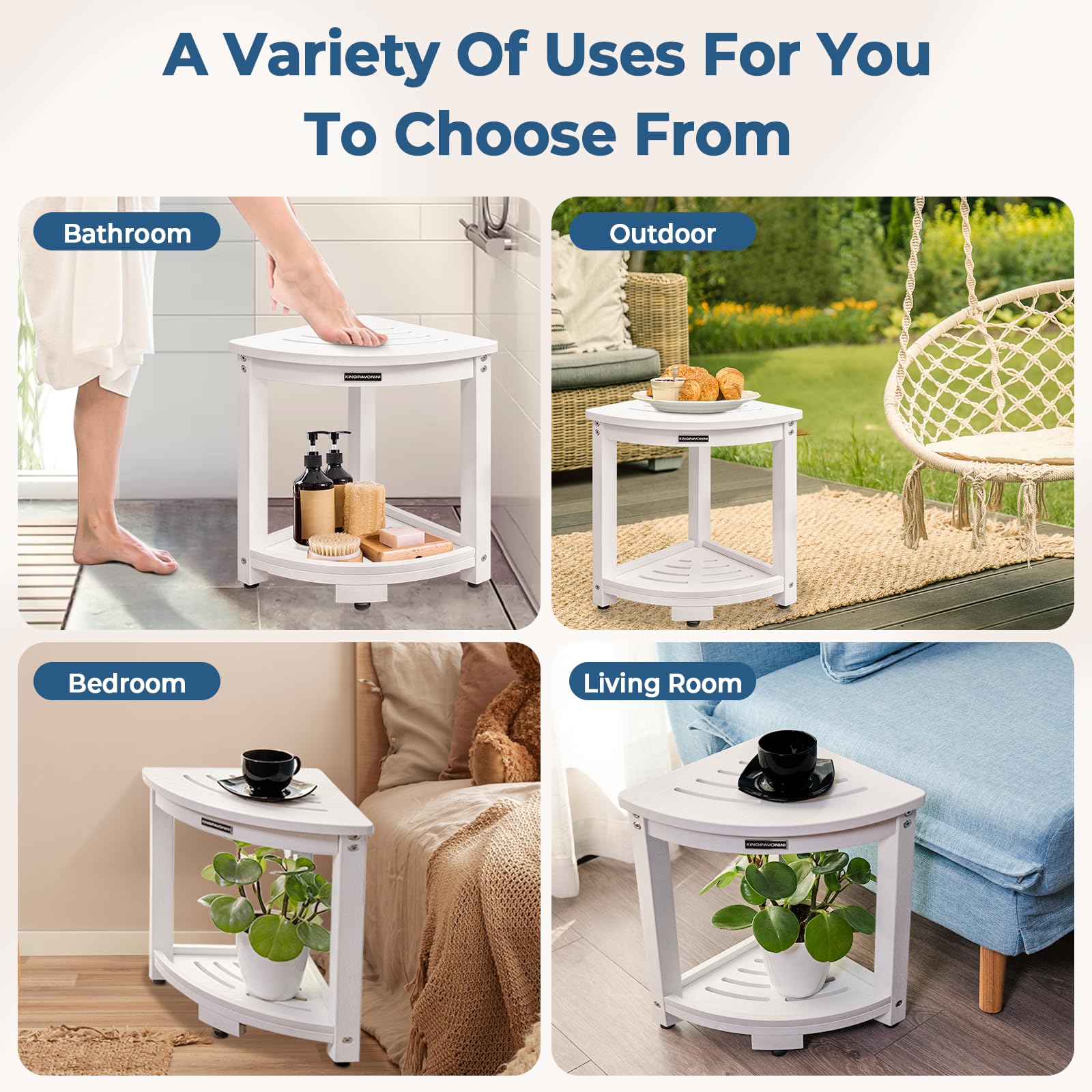 KingPavonini HDPS Shower Bench for Inside Shower Waterproof, Anti-Fading Corner Shower Stool for Shaving Legs, Anti-Fracture Shower Seat with Storage Shelf, Rapid Assembly, Load 400 Pounds