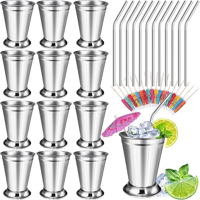 40 Pcs Mint Julep Cups Silver with Artificial Rose 12 oz Stainless Steel Drinking