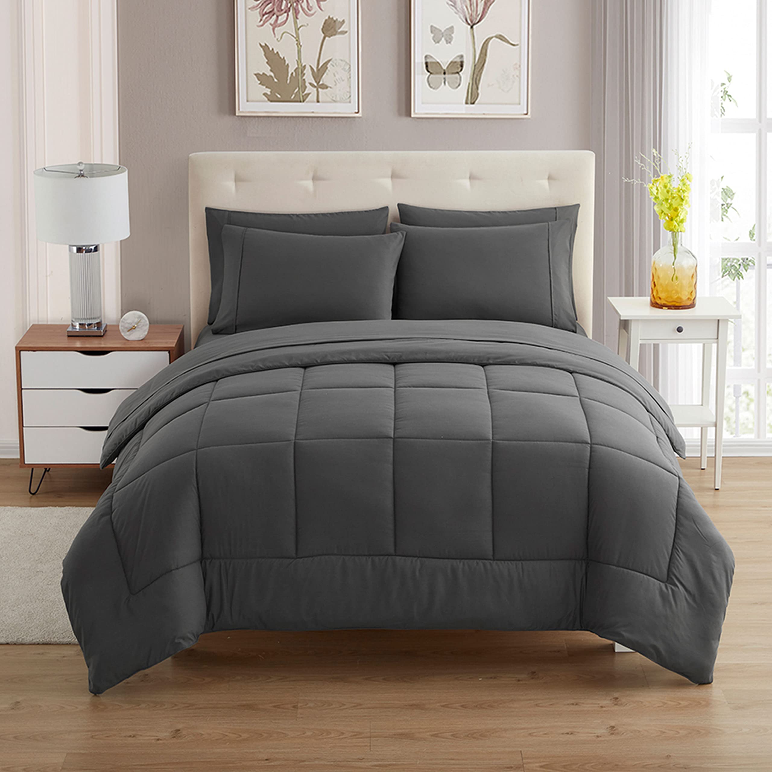 7 Piece Comforter Set Bag Solid Color All Season Soft Down Alternative Blanket & Luxurious
