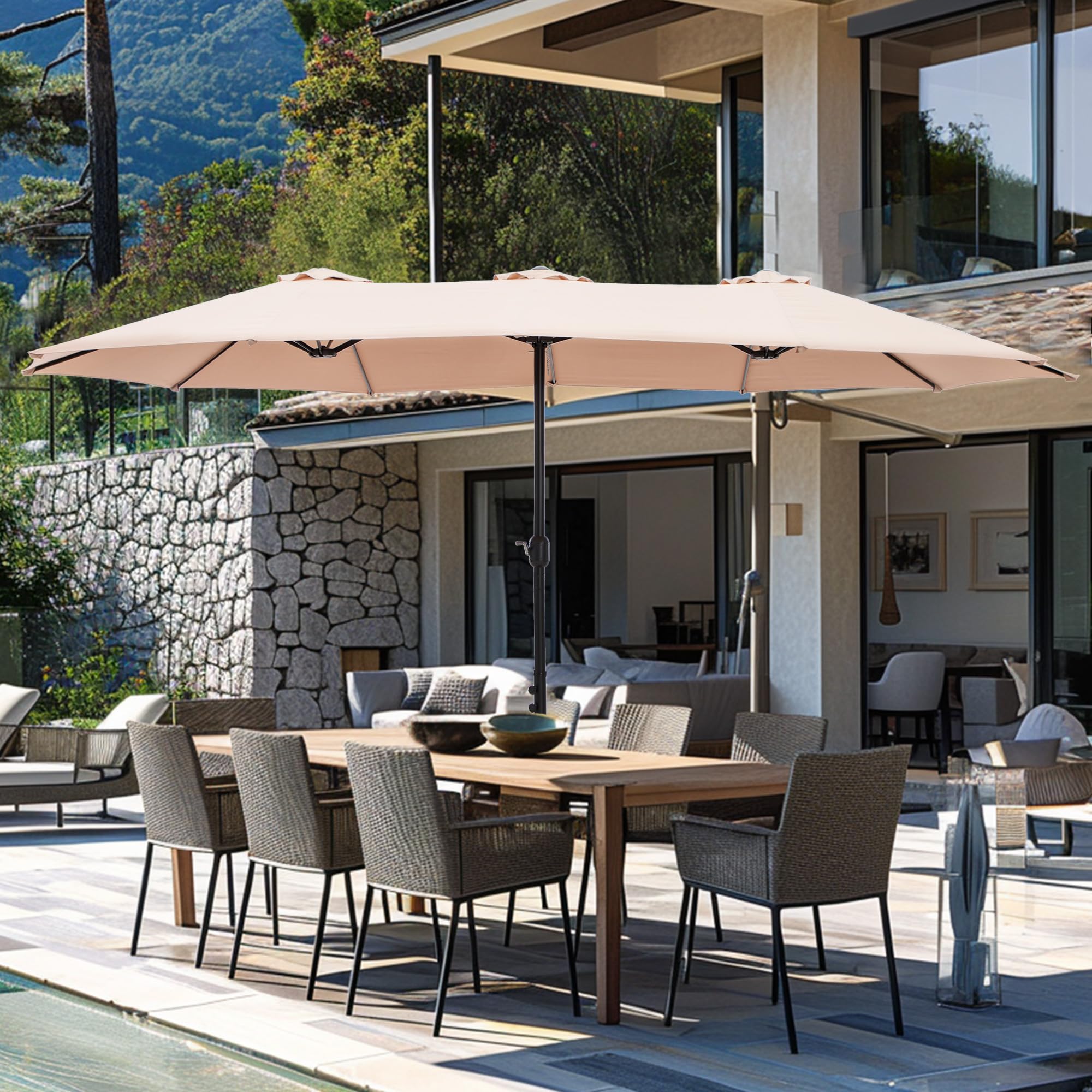 15 ft Rectangle Patio Umbrella with Base Included, Double-Sided Table Umbrella with Crank