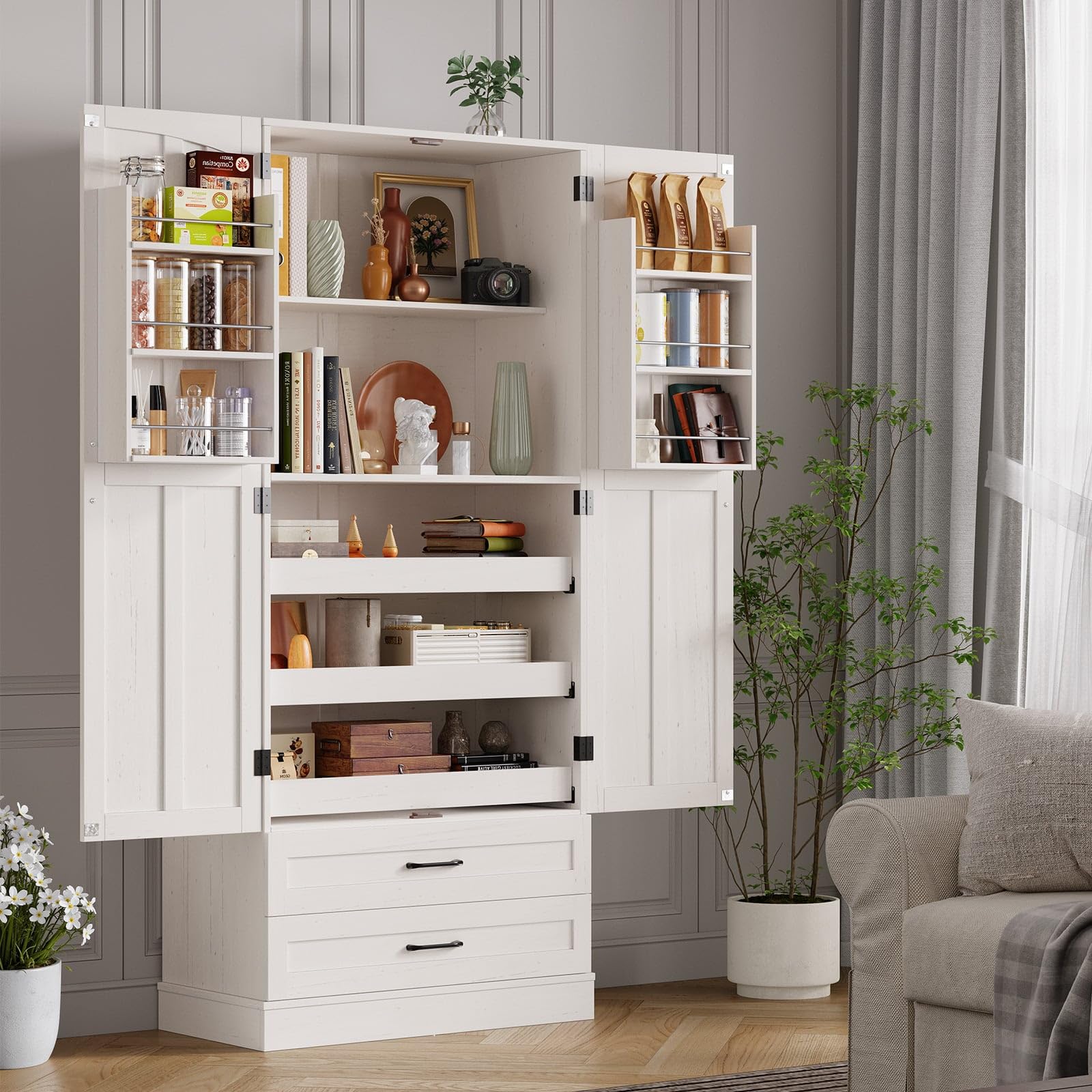 71" Tall Farmhouse Kitchen Pantry Cabinet with 3 Pull Out Shelves & 2 Large Drawers