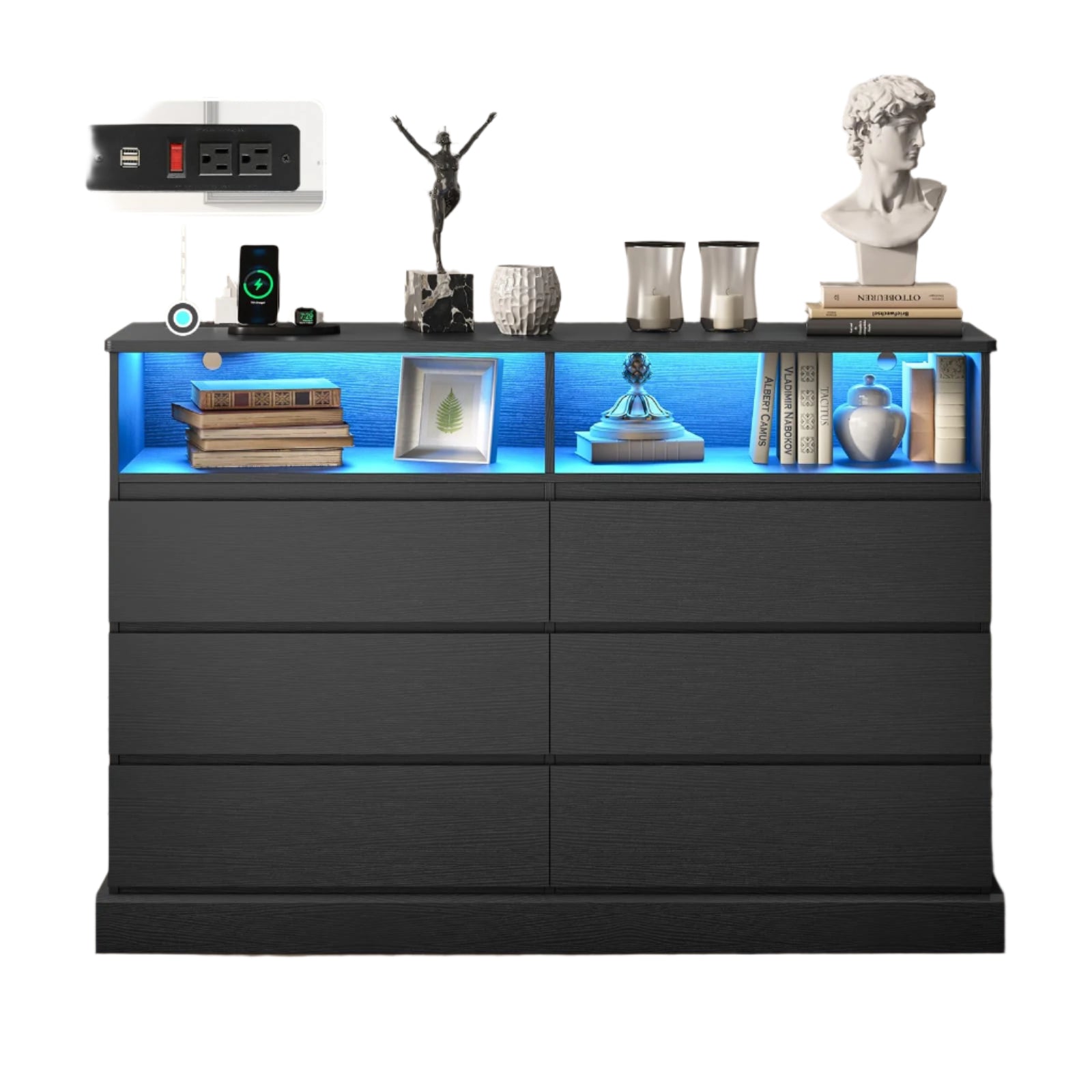 Black Dresser for Bedroom with LED Lights with Charging Station