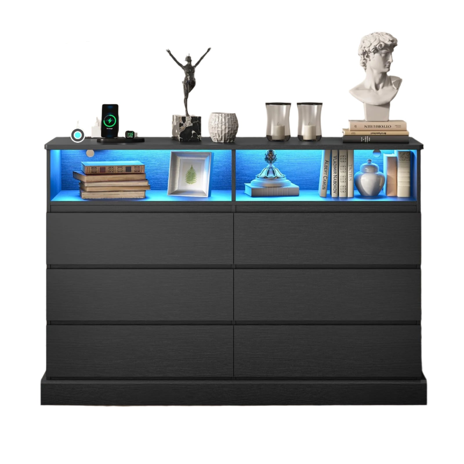 Black Dresser for Bedroom with LED Lights with Charging Station
