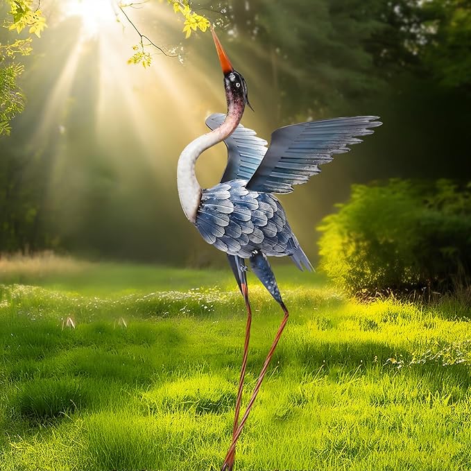 Crane Garden Statues for Outside, 2 Pack Blue Heron Garden Sculpture Statue